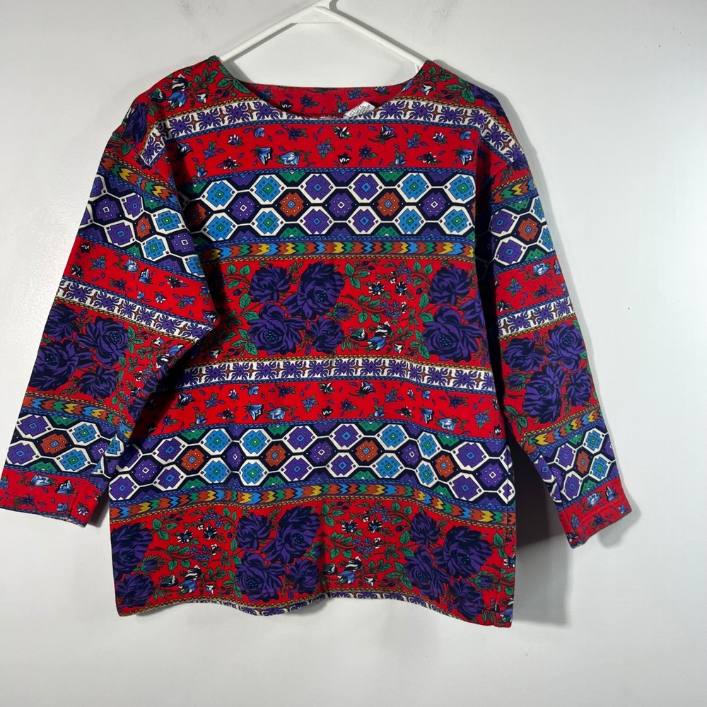 Vintage Gitano Floral Geometric Sweatshirt M Red Purple‎ Cotton Polyester